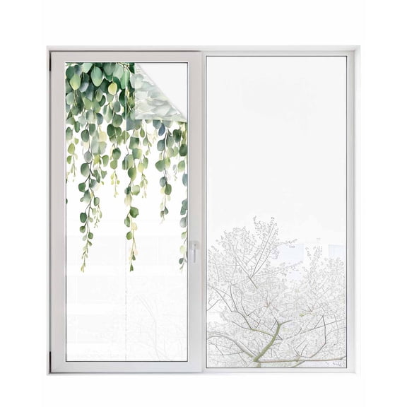 Window Privacy Film Botanical Vines Stained Glass Window Film Decorative Sun Block Window Cover Green Botanical Eucalyptus Leaves Window Clings Static Adhesive Sticker for Bathroom 29.5"x78.7"