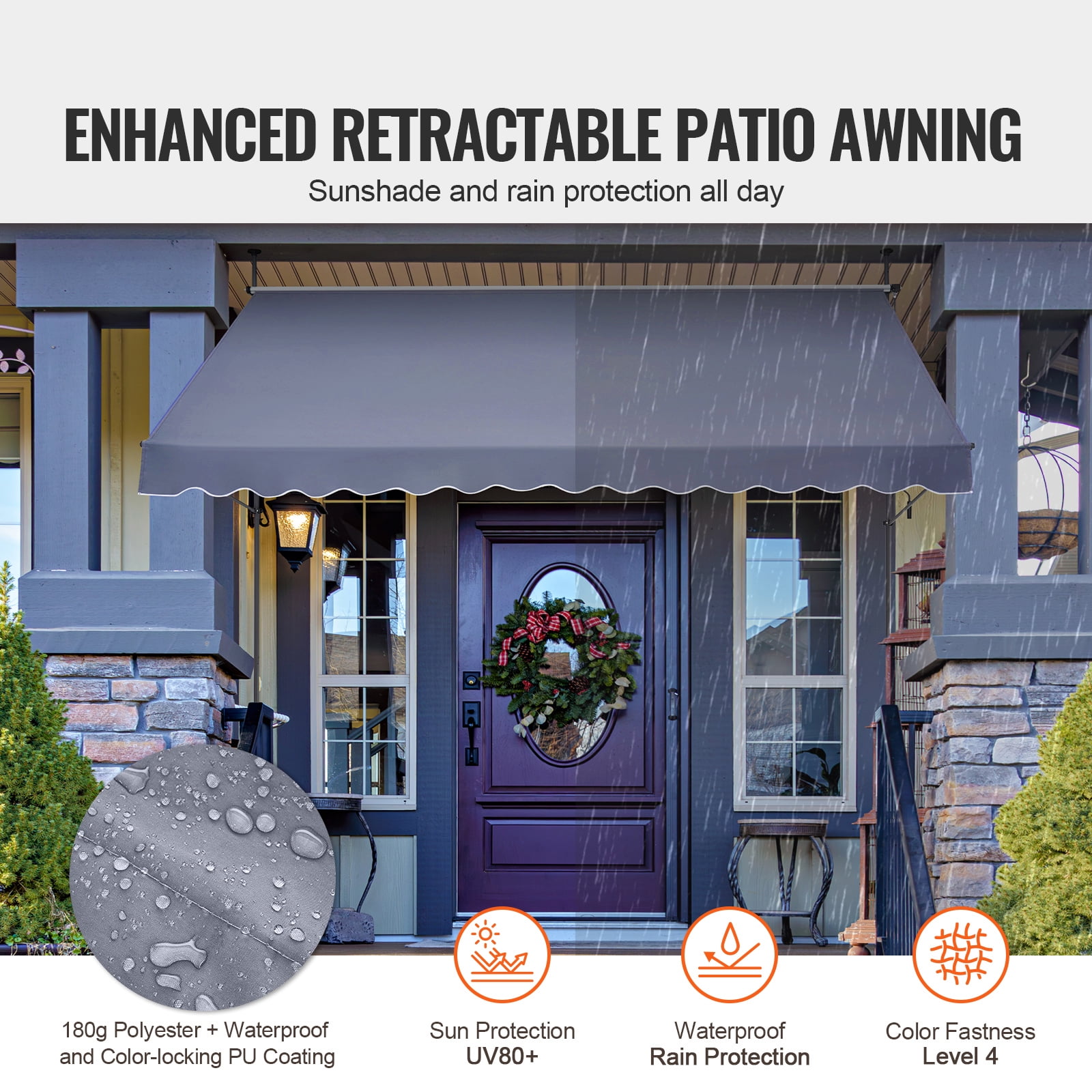 KFFKFF 138 x 47" Outdoor Retractable Awning, Manual Sunshade Canopy with Crank Handle, Height Adjustable 86 to 122 in, Ideal for Patio/Balcony/Yard, Dark Gray