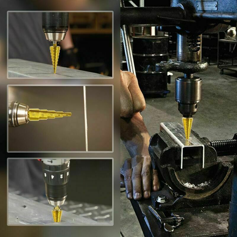 Set Of 3 Step Drill Bits, Stainless Steel Metal, 4-12/20/32Mm, Titanium Conical Triangle, With Hexagon Shank, For Drilling Screwdriver On Steel, Brass, Wood, Plastic