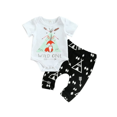 

JINSIJU Newborn 2 Pcs Outfit Sets Infant Cartoon Fox Print Short Sleeve Romper with Pattern Printed Pant Suits