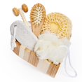 thumbnail image 1 of Bella Ciao Juego de cuidado del cuerpo y la piel, 6 piezas, rodillo de masaje facial, cepillo para el cabello, piedra pómez, esponja exfoliante, bandeja de madera, cesta de regalo, juego de regalo par, 1 of 5