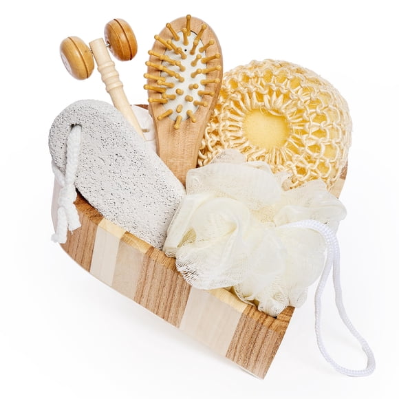 Bella Ciao Juego de cuidado del cuerpo y la piel, 6 piezas, rodillo de masaje facial, cepillo para el cabello, piedra pómez, esponja exfoliante, bandeja de madera, cesta de regalo, juego de regalo par