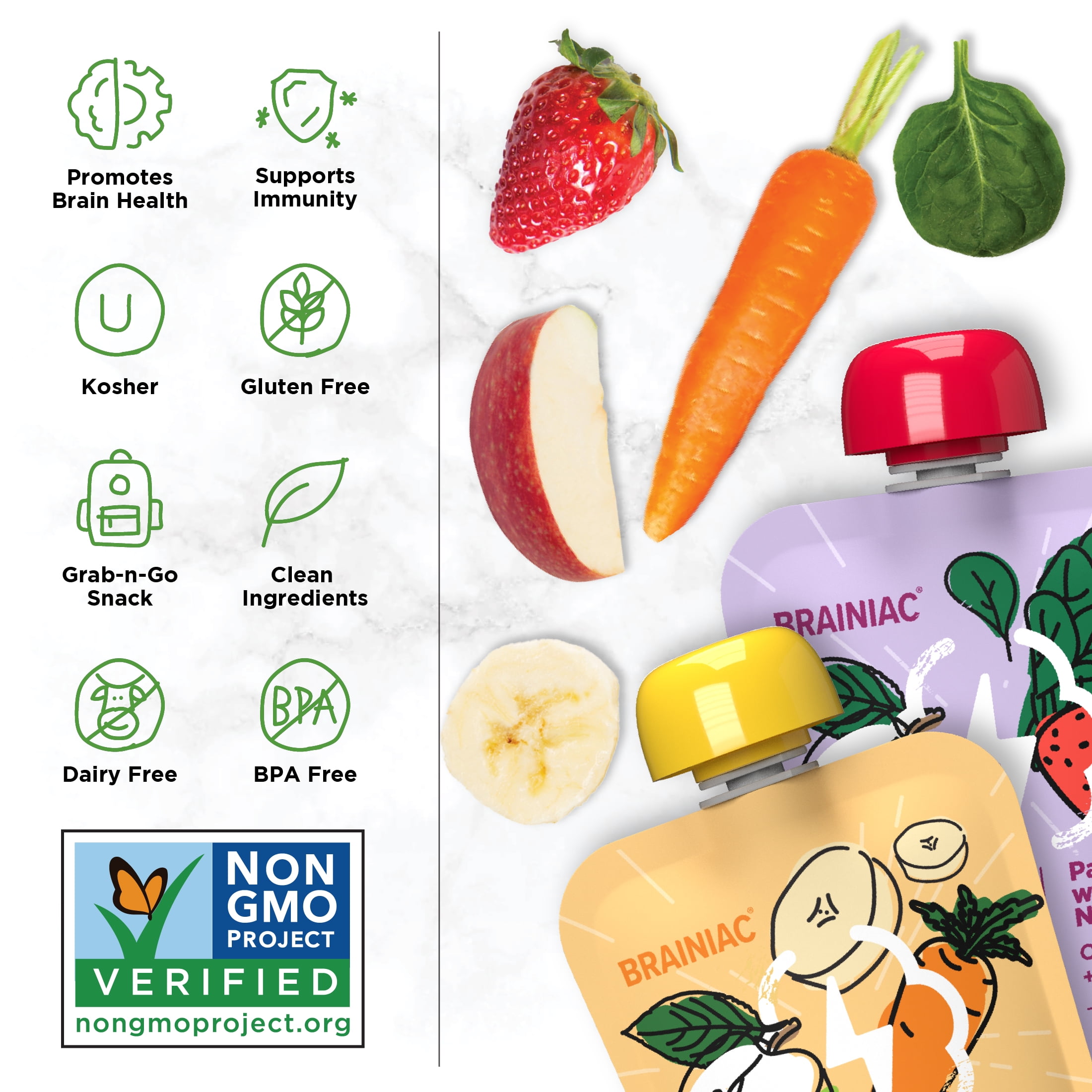Brainiac Omega-3 Fruit and Veggie Blend Variety Pack, No Sugar Added, 3.2 oz, 40 Ct