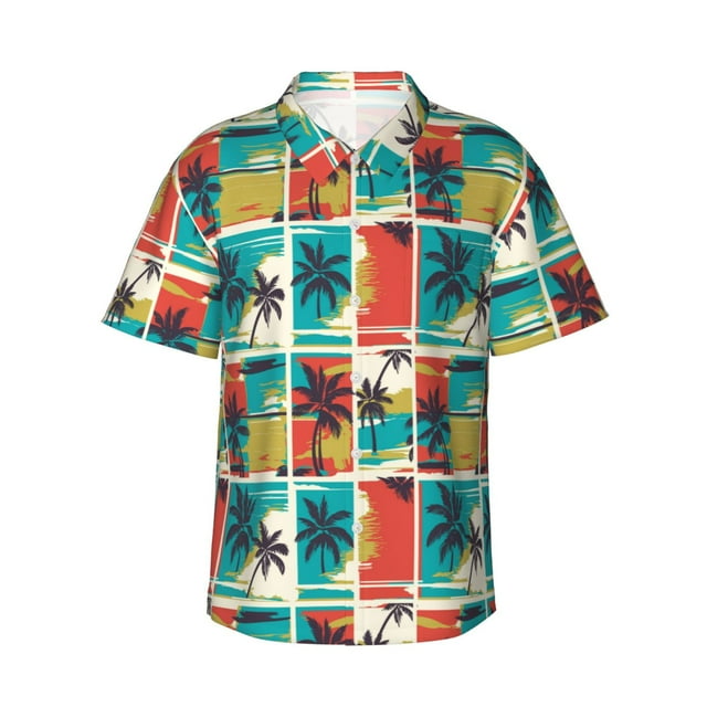 Fotbe Colorful Hawaii Palms Camisa Hawaiana para Hombre Unisex – Camisa Casual de Verano con Botones de Manga Corta de Algodón y Lino,Large