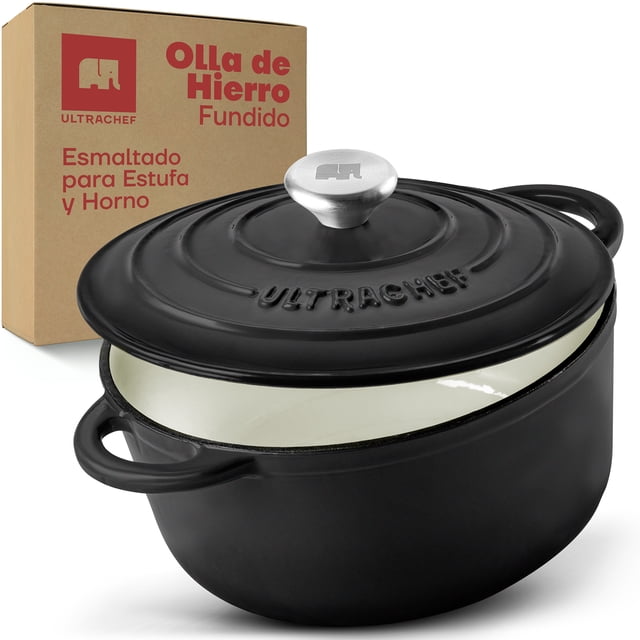Olla de Hierro Fundido Esmaltado para Estufa y Horno ULTRACHEF , Horno Holandés Cubierto de Hierro Fundido , Dutch Oven , Redonda , Tamaño 28 cm, Capacidad 6 Litros, Negra