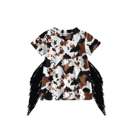 

Toddler Baby Girl Western Dress Cow Print T Shirt Dress Boho Short Sleeve Fringe Dresses Kids Summer Clothes