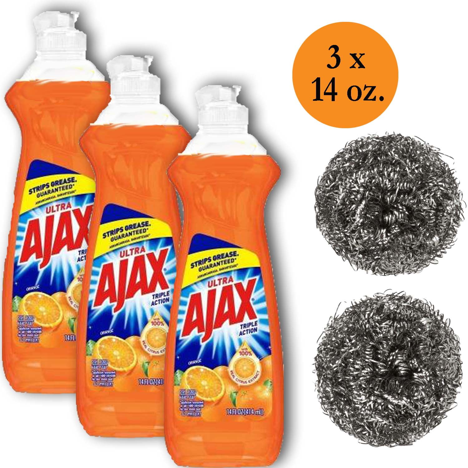 Ajax Dishwashing liquid soap Orange Scented Detergent, 3 bottles of 14