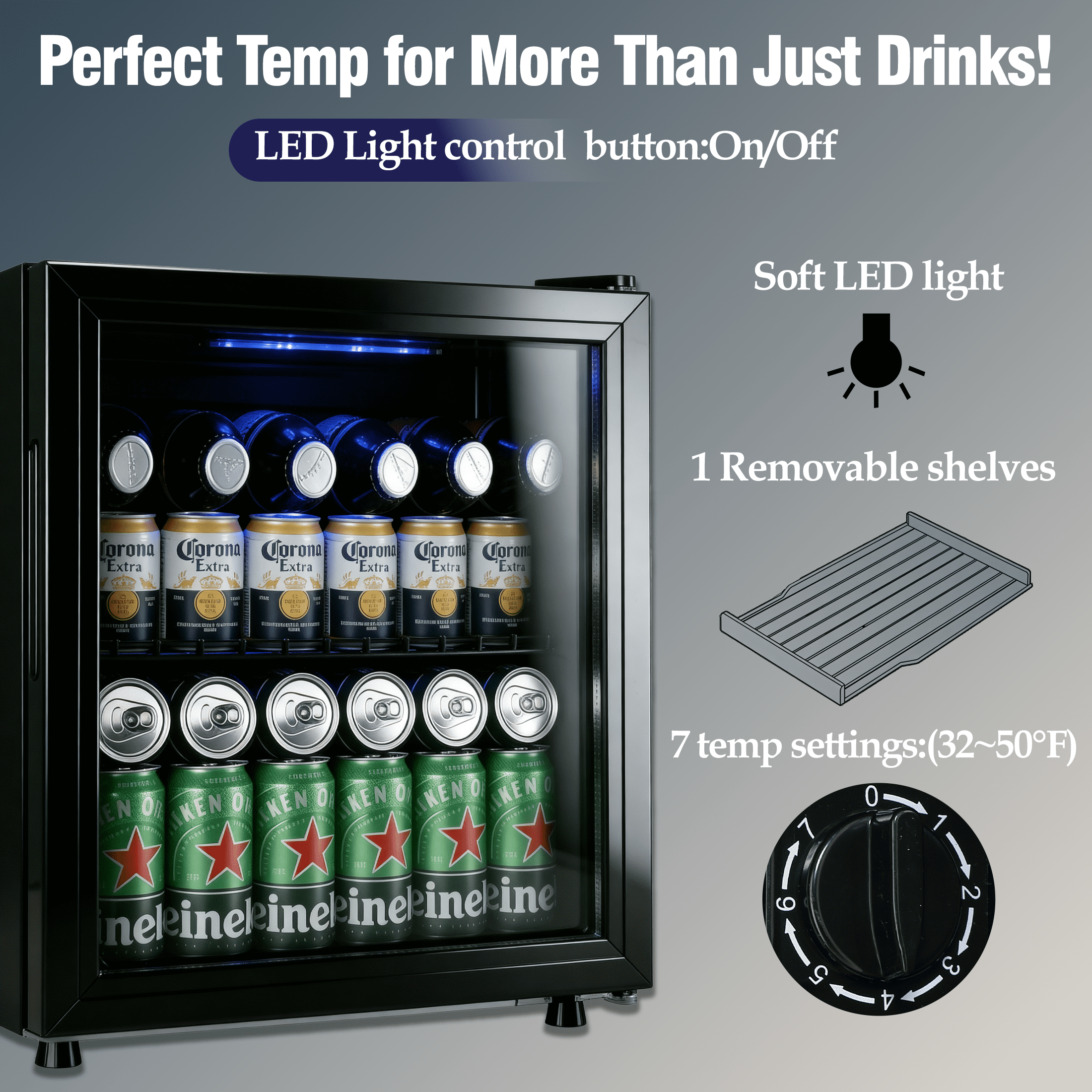 CALLIEVER 1.7 Cu. ft Mini Fridge,62 Can Mini Beverage,Refrigerator Cooler,Mini Fridge with Glass Door,Stainless Steel Look,Black