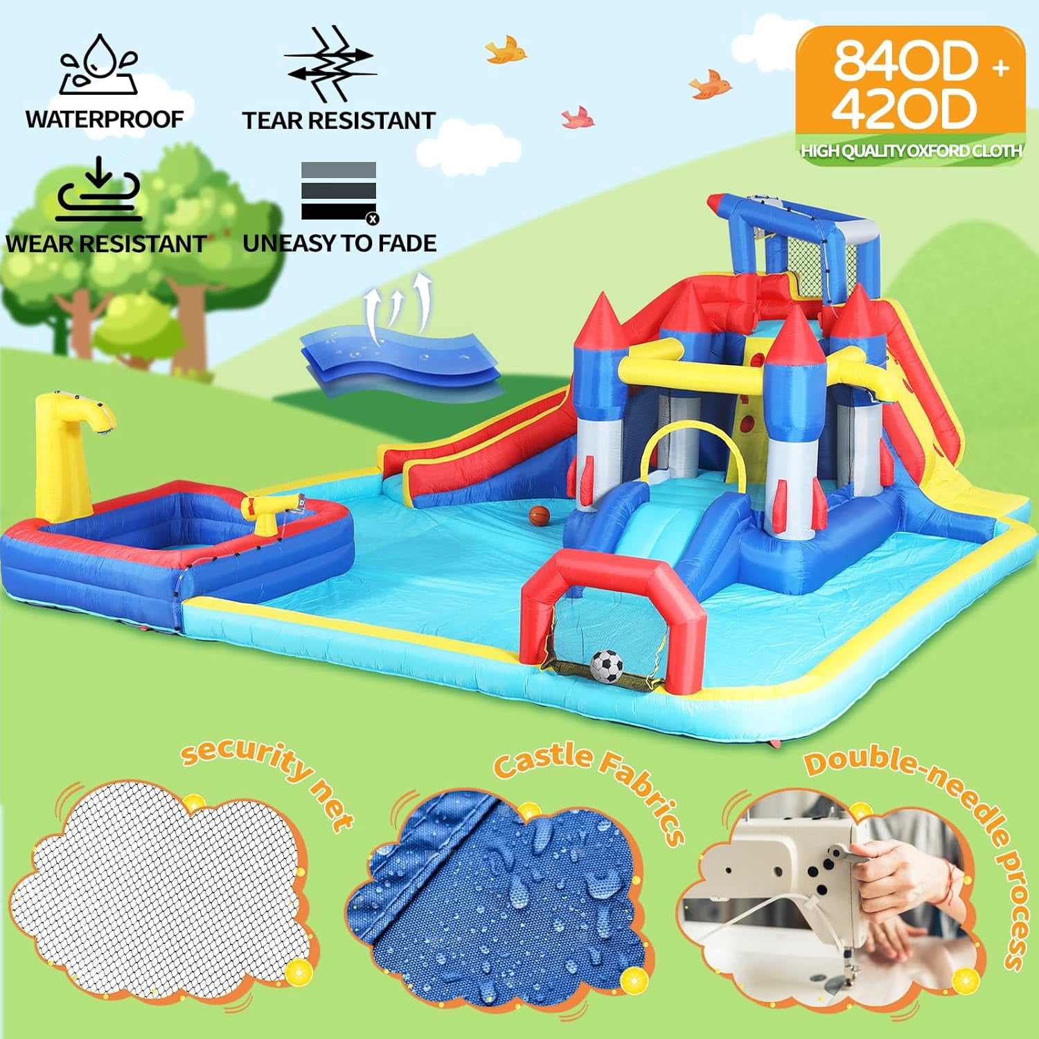 Acpouw 10 in1 Inflatable Water Slide for 3-12 Years, Bounce House with Climbing Wall, Ball Pool, Water Guns, Basketball Hoop, Soccer, Boxing Game, Indoor/Outdoor Kids Bouncy Castle with Blower
