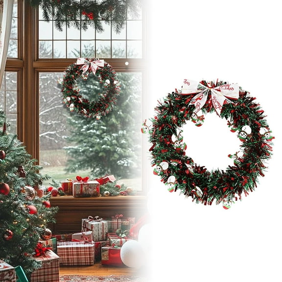 Miommo Christmas Wreath 18 Inch with Snowman, Handmade Red Green Festive Holiday Decor with Bow for Front Door, Indoor Outdoor Welcome Sign