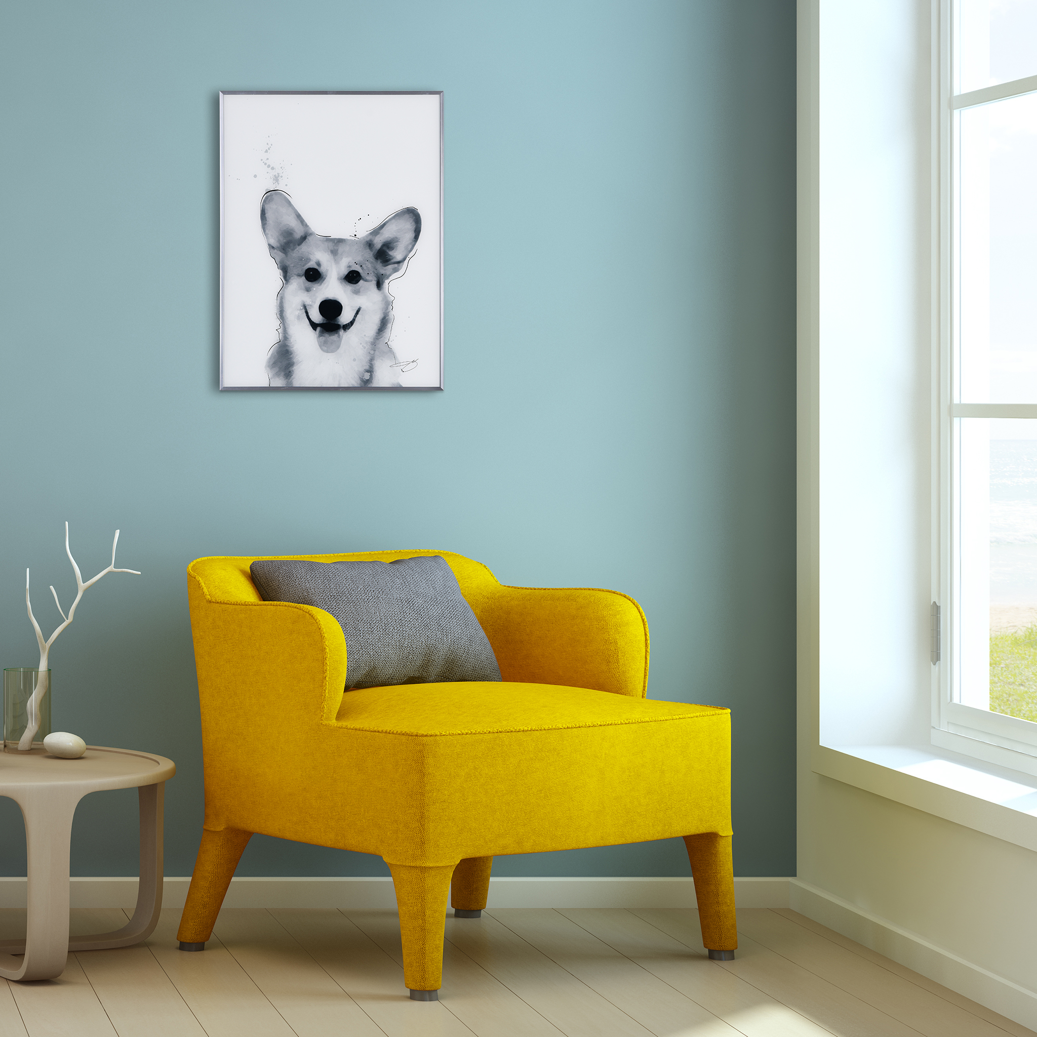 Empire Art Direct Corgi Black and White Pet Paintings on Reverse Printed Glass Framed Dog Wall Art, 24" x 18" x 1", Ready to Hang