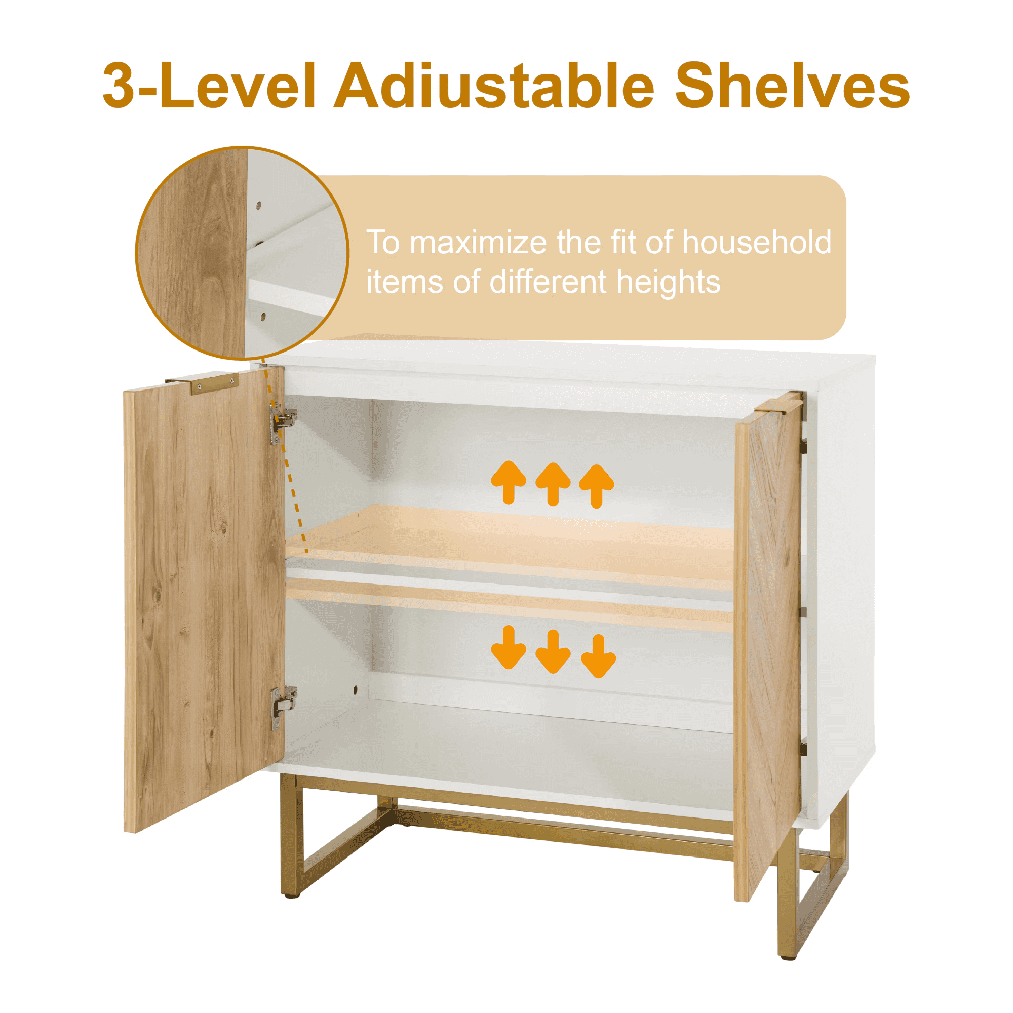 White & Gold Storage Cabinet, Modern Buffet Sideboard with 2 Doors