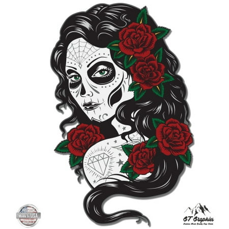 Day of the Dead Beautiful Lady Roses Mask - 12" Vinyl Sticker Waterproof Decal