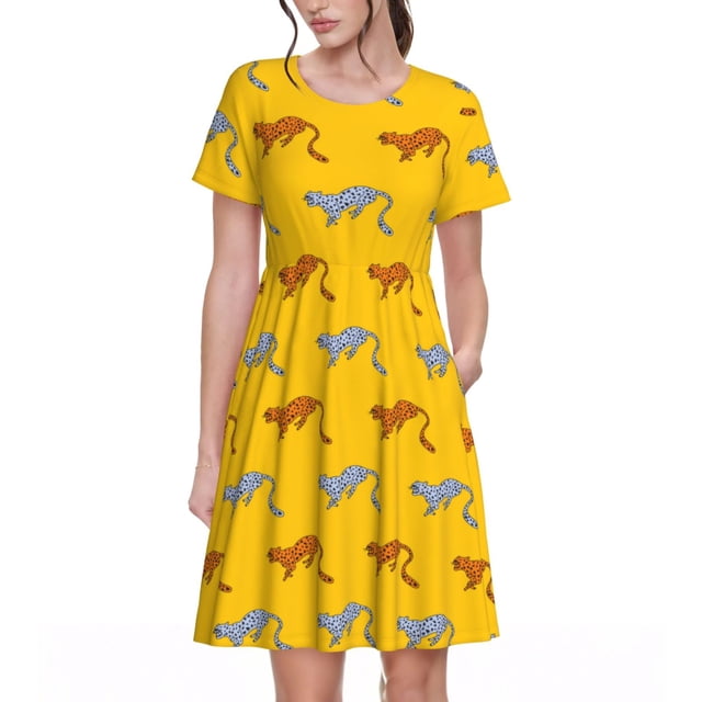 Balery Leopard Print Vestidos sueltos de manga corta para mujer, vestidos de verano 2025, vestidos casuales de corte A con vuelo.