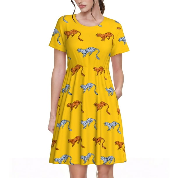 Balery Leopard Print Vestidos sueltos de manga corta para mujer, vestidos de verano 2025, vestidos casuales de corte A con vuelo.