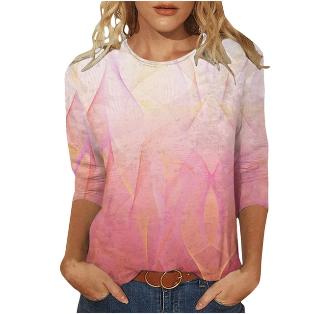 T-Shirts pour Femmes, T-Shirt Décontracté Imprimé Col Rond Manches 3/4 Ample