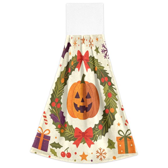 2 Pack Hanging Hand Towels for Kitchen & Bathroom, Dish Towels with Halloween Wreath Prints, 18.2x14 in