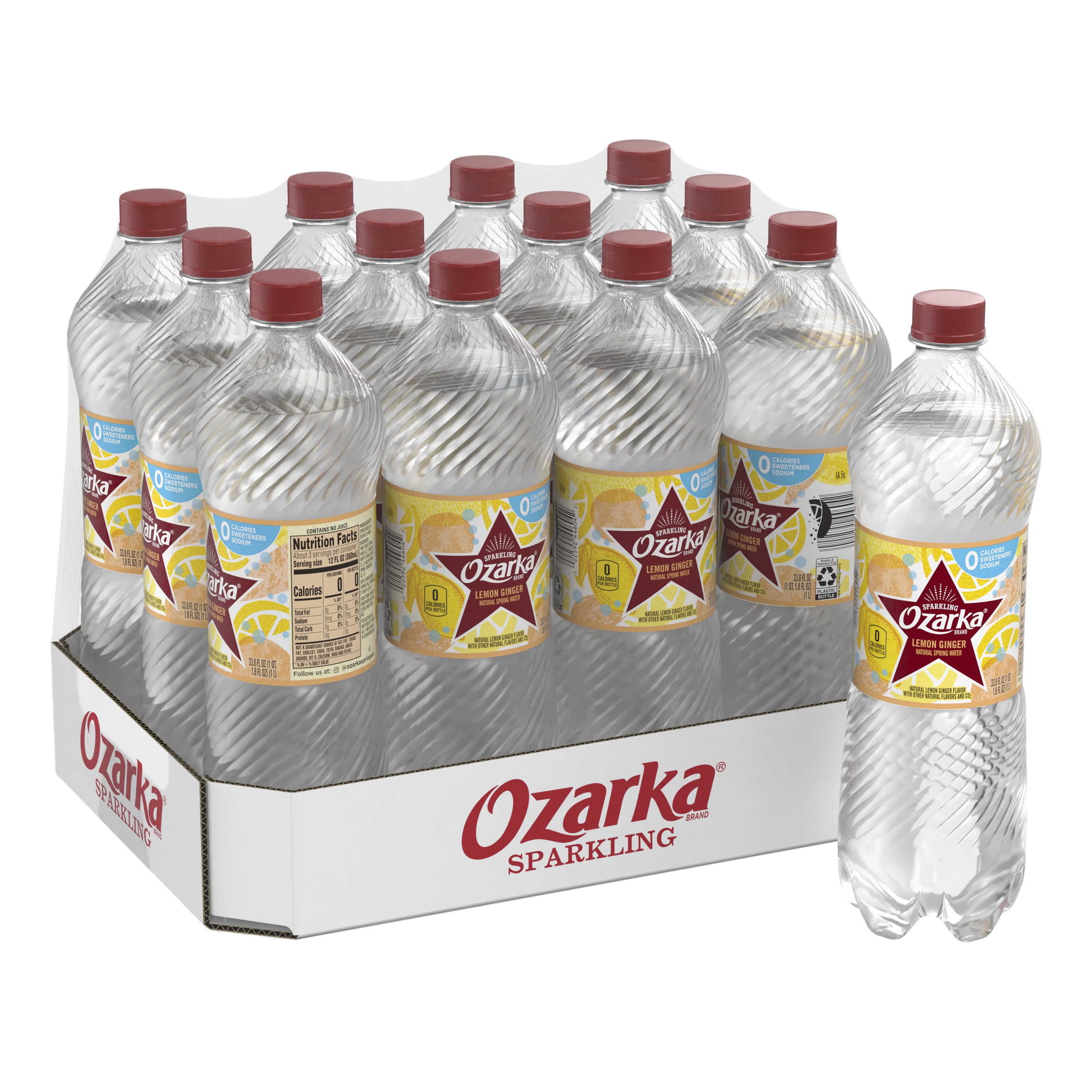 Ozarka Sparkling Water, Lemon Ginger, 33.8 oz. Plastic Bottles (12