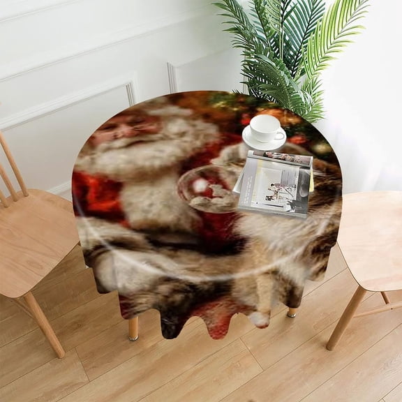 RKSupls 60 Inch Round Tablecloth, Santa Cat Christmas Premium Polyester Straight Edge Wrinkle Resistant Washable Table Cover for Party Home Dining Decor