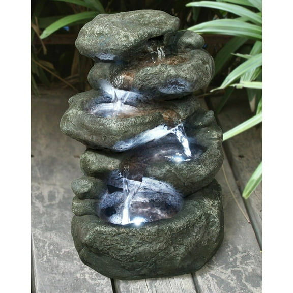 Hi Line Gift Ltd Weatherproof Multi-Level Rock Fountain with LED Lights, Fiberglass and Resin, Gray