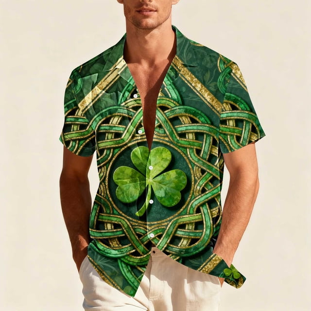 Blusa y camisa hawaiana de manga corta con cuello vuelto para hombre, camisa unisex de verano para playa, informal, de manga corta, con botones, ropa estampada para el Día de San Patricio, blusa para