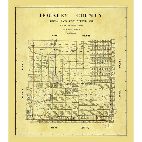 Historic County Map - Hockley County Texas - Pritchett 1914 - 23 x 26.10 - Vintage Wall Art