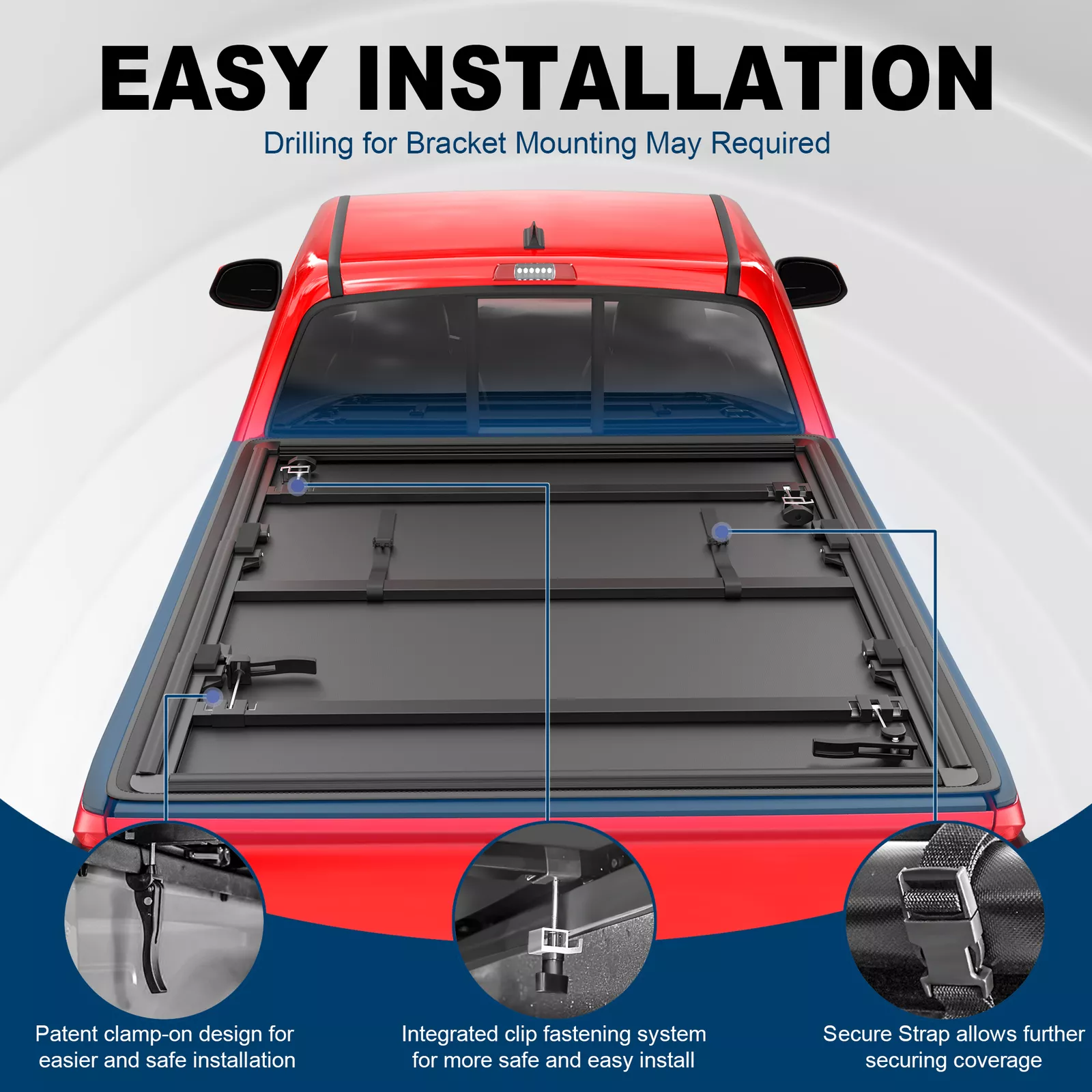 MOSTPLUS 5FT 3-Fold Tonneau Cover for 2016-2024 Toyota Tacoma TRD Truck Bed w/Lamp