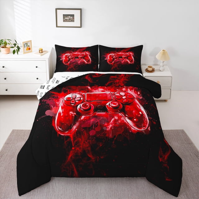 Erosebridal Ensemble de Literie Rouge avec Manette de Jeu, Ensemble de Couette avec Manette de Jeu, Couette Réversible à Imprimé Aquarelle, Décor de Chambre en Microfibre, 2 Pcs