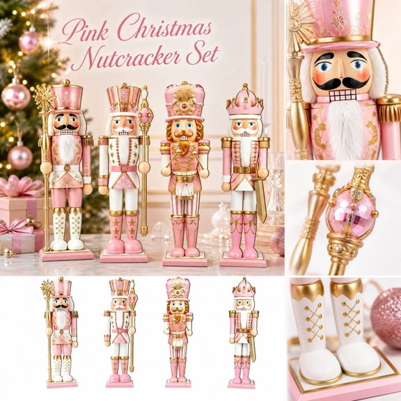 4 Piece Pink and Gold Nutcracker Figurine Set, Christmas Soldier Tabletop Decor with Crown, Scepter and Drum for Mantel Shelf Fireplace