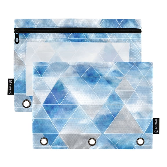 2 Pack 3 Ring Binder Pouch with Clear PVC Window Water Resistant Zipper Pencil Pouch Cloudy Blue Grey Geometric Pattern Binder Pocket for Classroom Office Home Stationery Organization