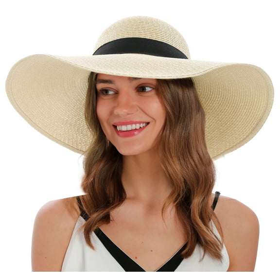 Womens Sun Hats Wide Brim Hat Women Beach Floppy Hats Sunhat Women Summer Hats Women's Sun Hat UV Hat with Wind Lanyard, Beige, M/L