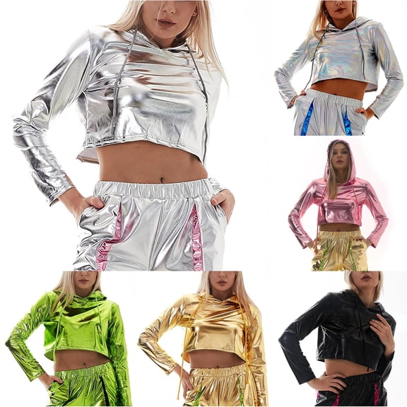 CAIVO Hoodies For Women Cropped Hoodie Long Sleeve Pullover Oversized Casual Streetwear Tops For Ladies Solid Color Running Sweatshirts
