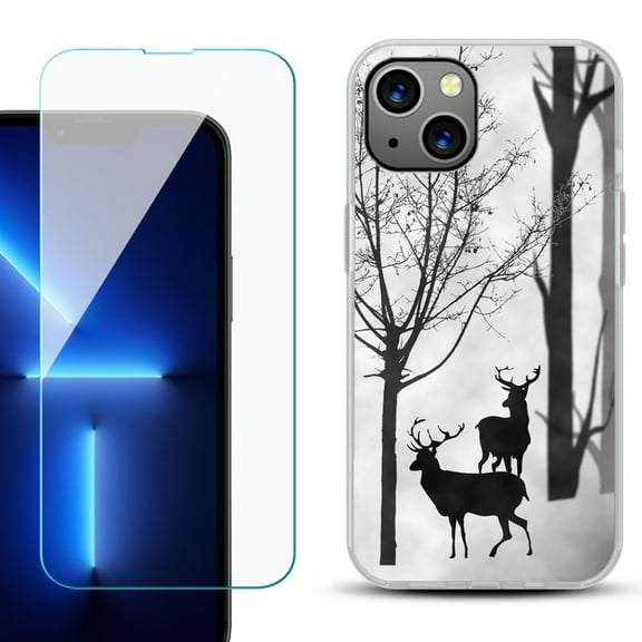 Slim-Fit TPU Phone Case for iPhone 14 Plus, with Tempered Glass Screen Protector, by OneToughShield ® - Forest Deer