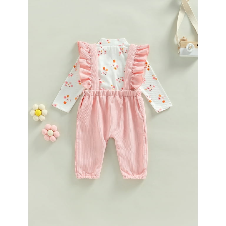 Sunisery 2Pcs Kids Toddler Girls Jumpsuit Sets Long Sleeve High Neck Flower  Print Tops with Solid Overalls Fall Outfits Pink 12-18 Months