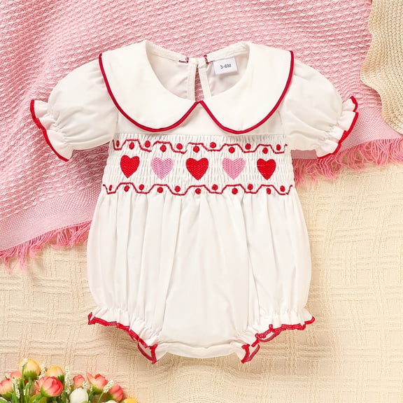 ZEHJUHAN Baby Girl's Cute Valentine Romper, Embroidered Heart Peter Pan Collar Bubble Sleeve Jumpsuit White，3-6M