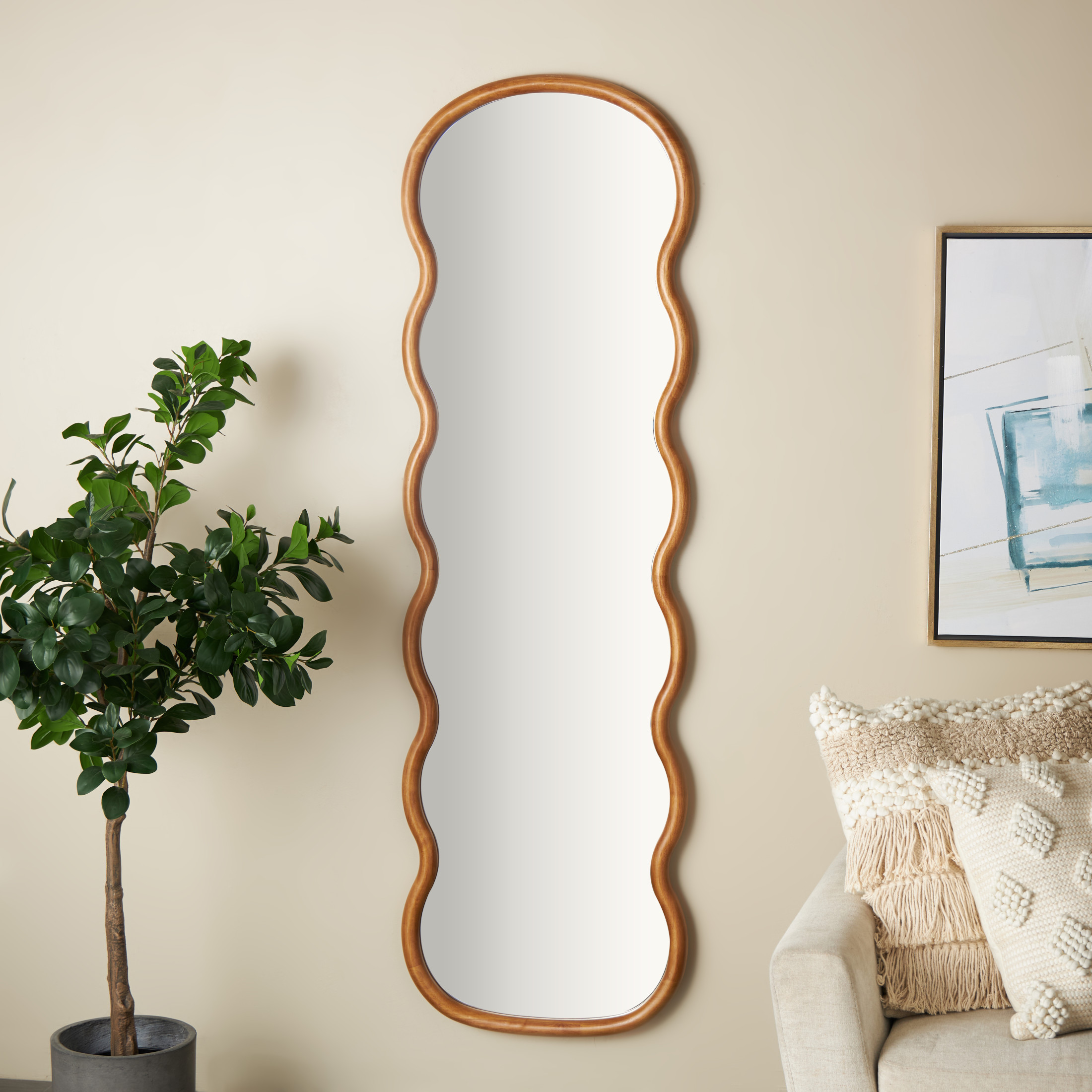 DecMode 22" x 71" Brown Wavy Abstract Wall Mirror
