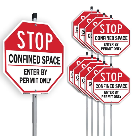 Stop Confined Space Enter by Permit Only (10 Pack) 10 inch X 10 inch Octagon Plastic Signs with Aluminum Mounting Stakes Weather Resistant UV Protected for Workplace Private Property