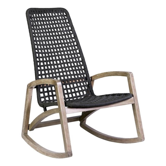 Armen Living Sequoia Wood & Rope Outdoor Patio Rocking Chair in Natural/Charcoal