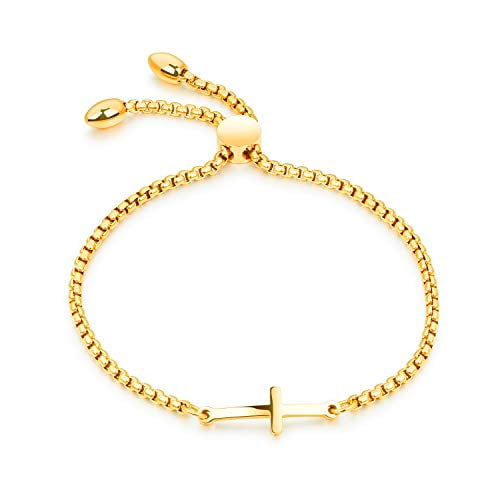 14K Gold Plated Cross Adjustable Sideways Bracelet for Women Girls,Gold Cross Bracelet Stainless Steel for Men Gold