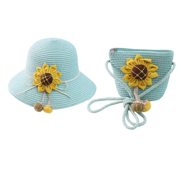 Conjunto de sombrero y bolso de paja para niñas Sombreros para fiestas de té para niñas Monederos Gorras de vestir Bolsos Regalo para cumpleaños Verano Playa Viajes