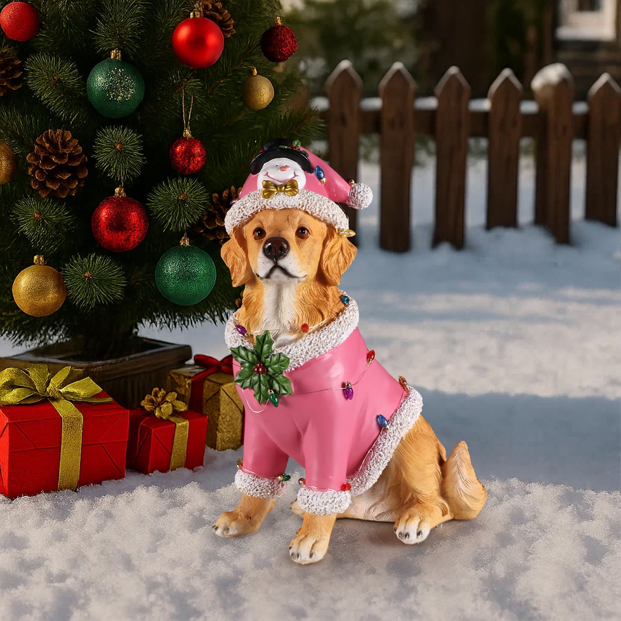 Golden Retriever Pink Santa Outfit Christmas Dog Statue with Santa Hat Holiday Tabletop Decor