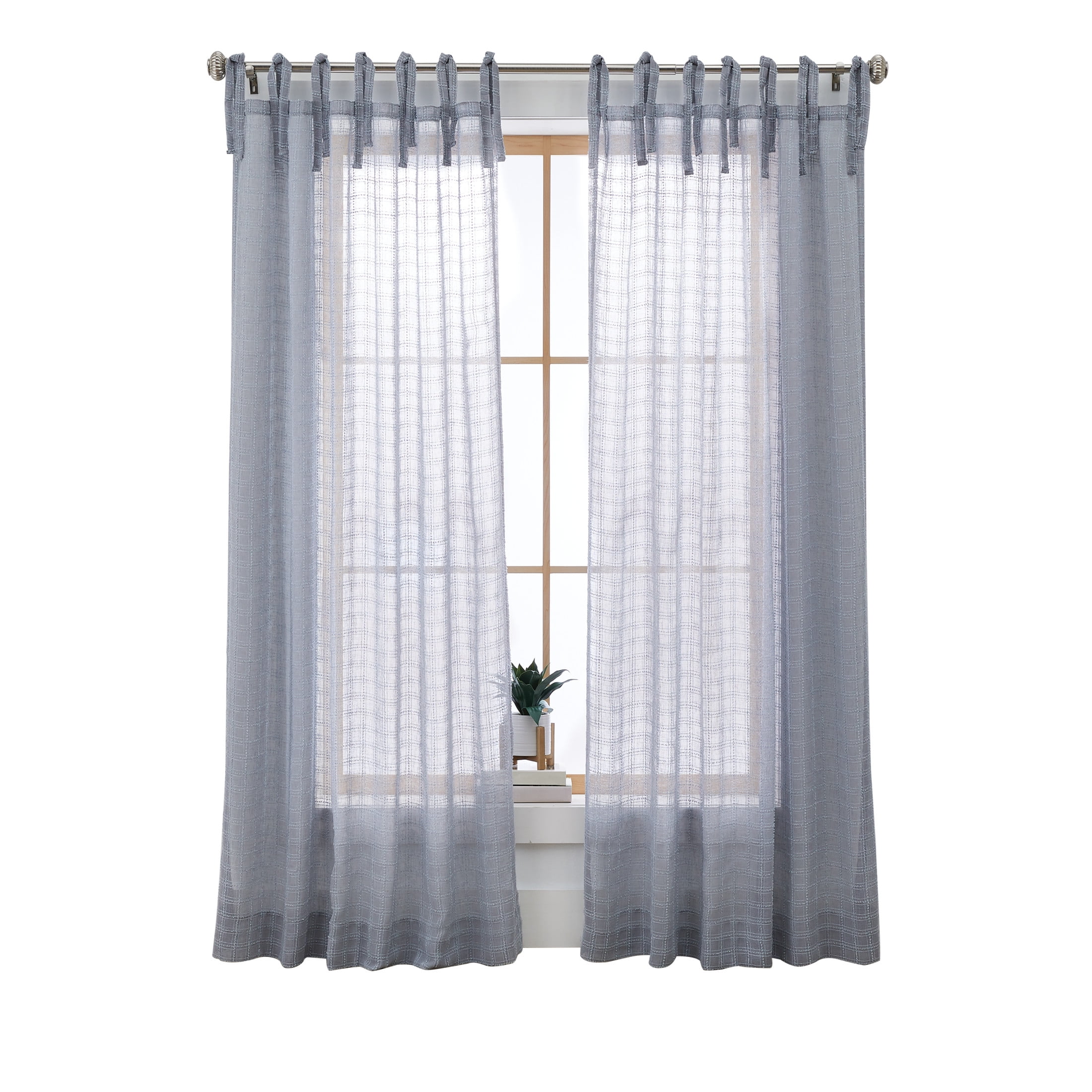 Better Homes & Gardens Sheer Windowpane Stitch Tie Top Single Curtain Panel, Soft Silver, 50" W x 84" L