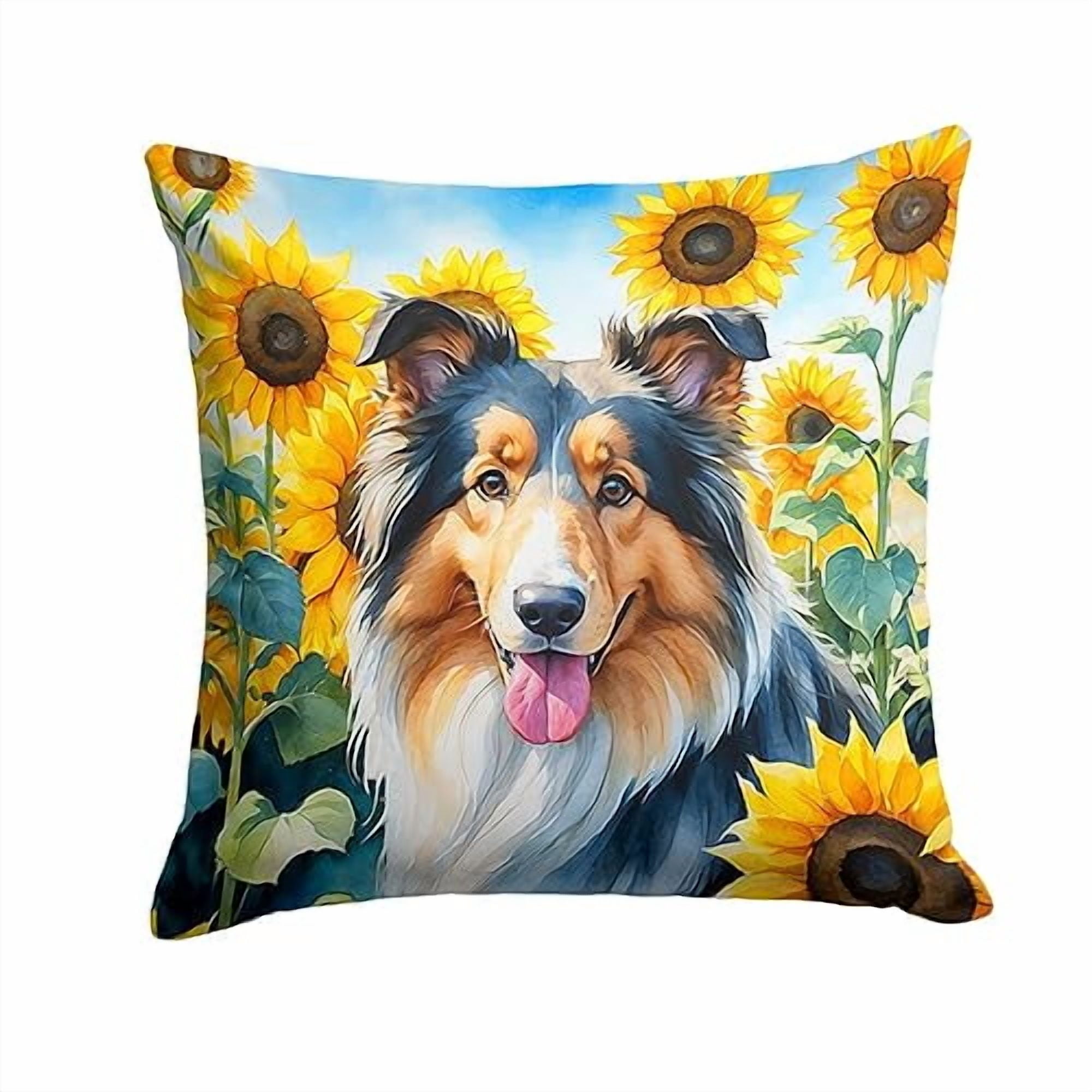 Collie in Sunflowers Throw Pillow 14 in x 14 in