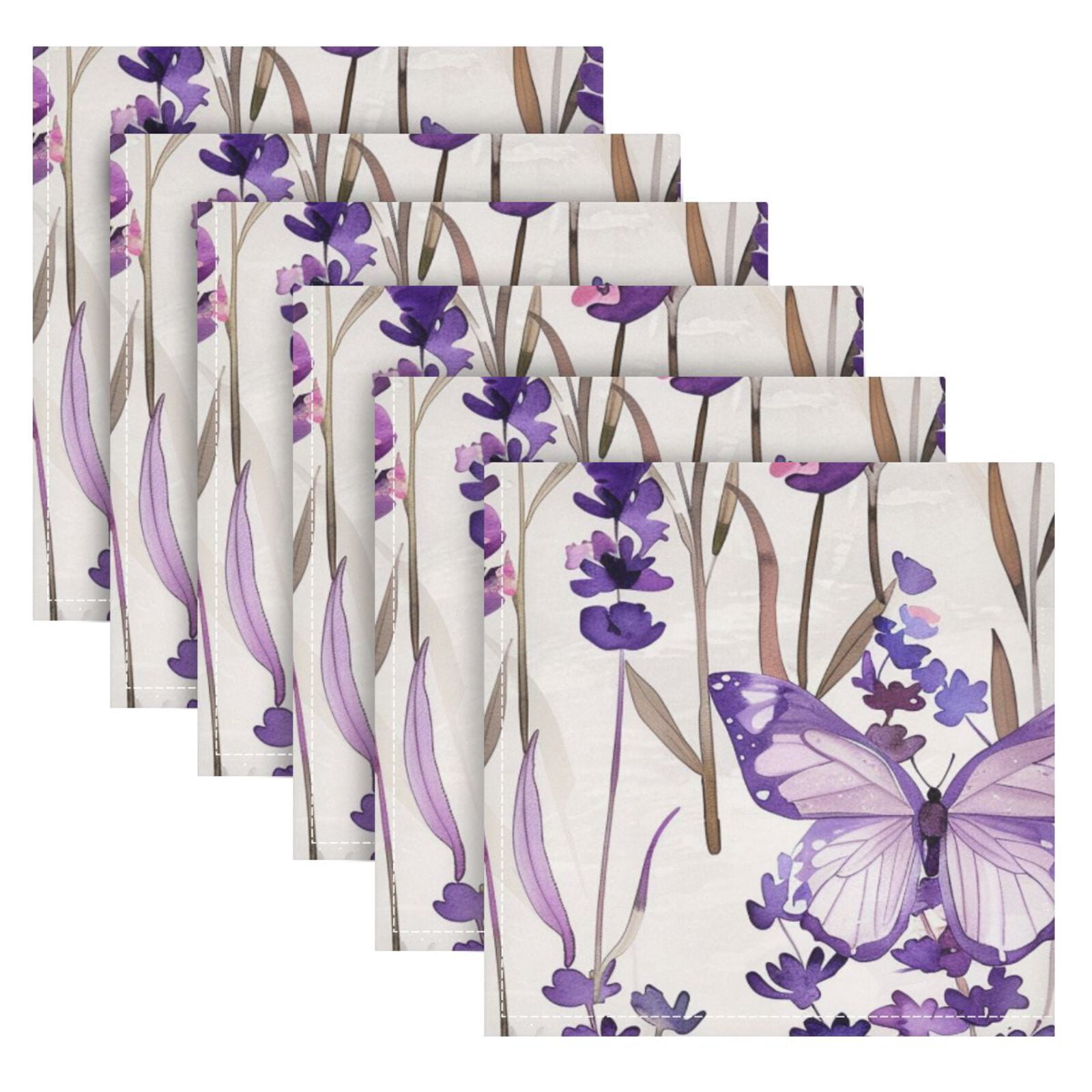 JSTEL Lavender Flower Butterfly Cloth Napkins Set of 6, 20x20 Inch Washable and Reusable Napkin for Decoupage Dinner Party Everyday Use