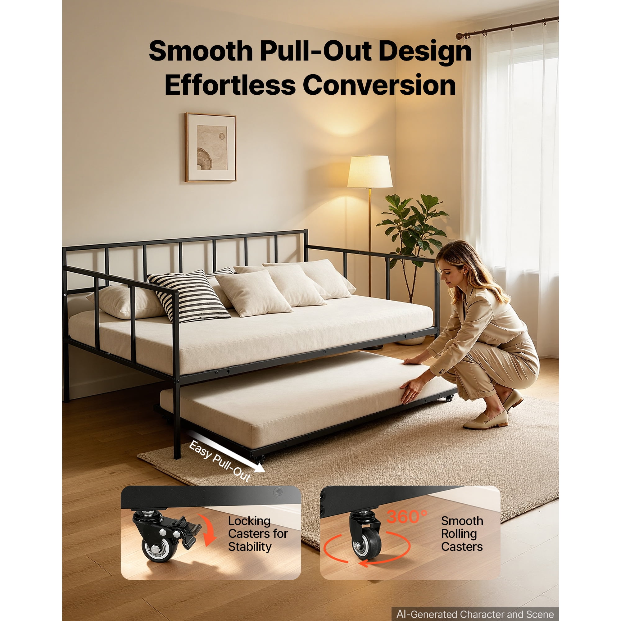 KFFKFF Full-Size Daybed with Pop-Up Trundle Twin Metal Frame, Ideal for Living Room, Bedroom, Durable Metal Construction, Space-Saving Design, Includes 2 Lockable Casters, Simple Assembly, Black