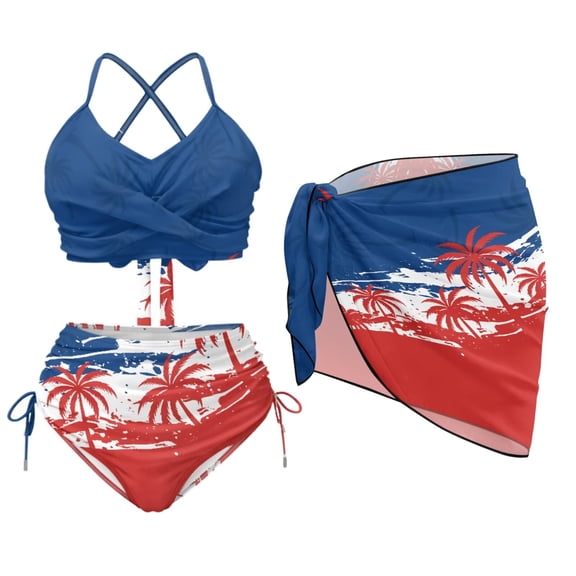 FUIALDOLG Palm Tree Women's 3 Piece High Waisted Bikini Set with Chiffon Cover Up - USA Patriotic Lightweight Halter Drawstring Swimsuit Tummy Control Bathing Suit for Beach Vacation
