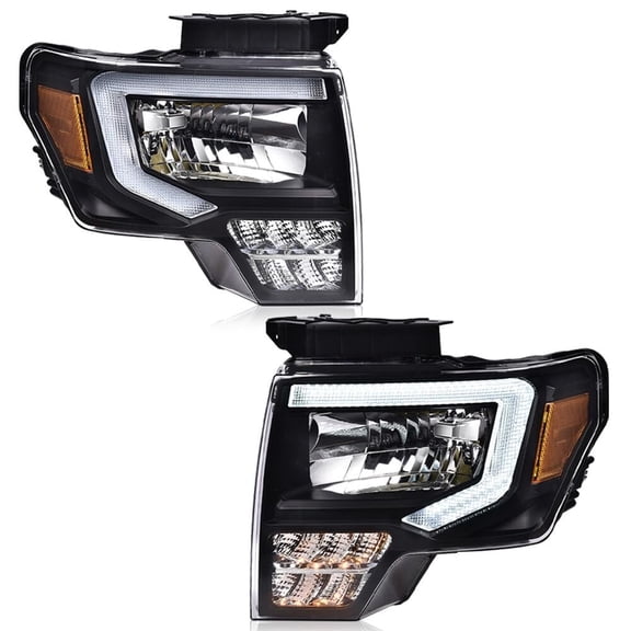 Suitable for LED Headlight Assembly Compatible with Ford F150 2009 2010 2011 2012 2013 2014, Driver & Passenger Clear Lens Black Housing Amber Reflector Headlamp Front Light