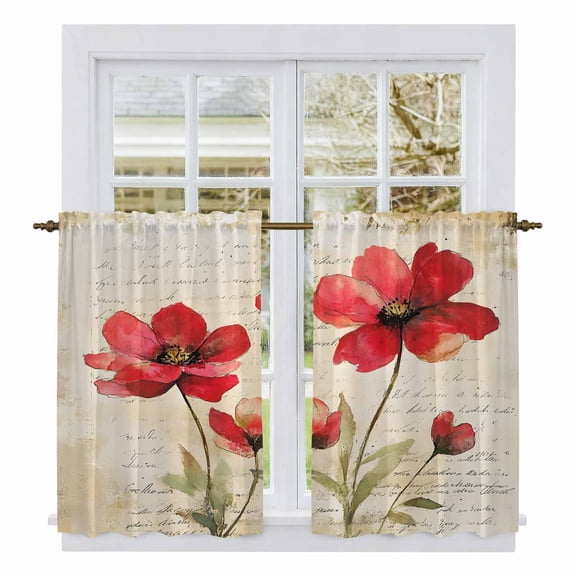 Red Flowers Tier Curtains, Retro Farmhouse Botanical Floral Painting Light Filtering Kitchen Curtains, 2Pcs Rod Pocket Half Window Treatments Panels for Sink Cafe Cabinet Basement 27.5x45 Inches