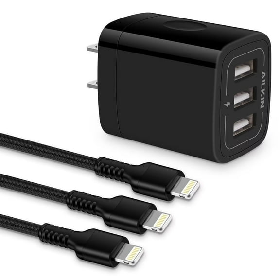 AILKIN Compatible with iPhone Charger Fast Charging 3Pack Usb A Light-ning Cables 6ft Cords 3.1A Three Port Charger Blocks Compatible with iPhone 14/13/12/11,Darkblack