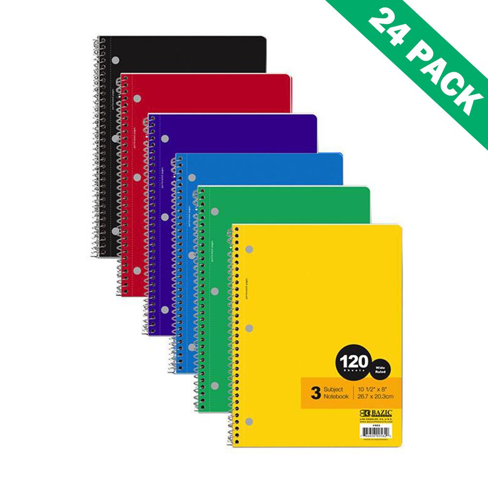 3 Subject Spiral Bound Notebook, Perforated School Spiral Notebook